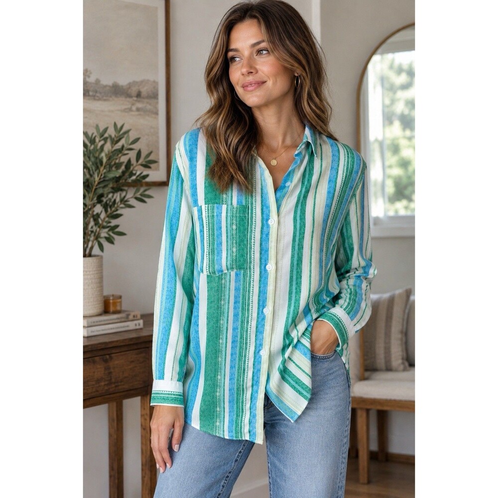 Akira Women's Green Blue Stripe Button Front Shirt Long Sleeve Size L